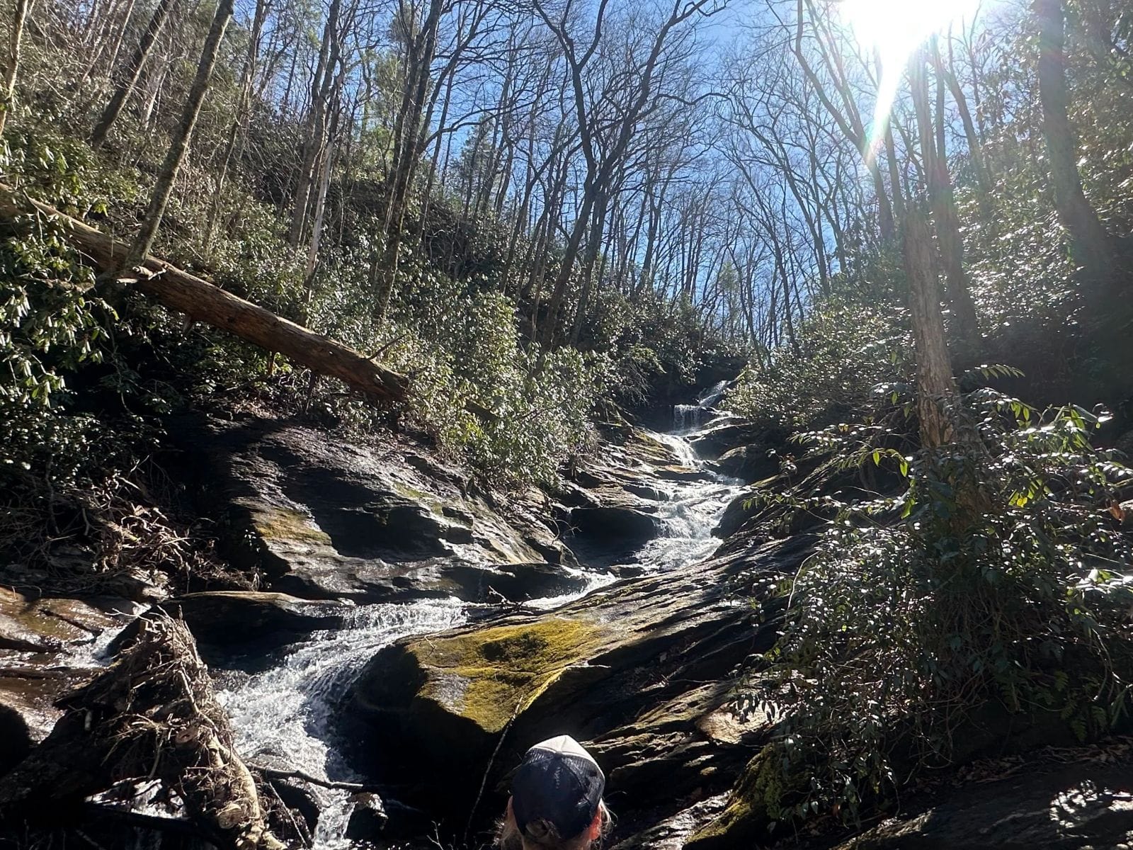Water running over rock through a wooded mountain property.