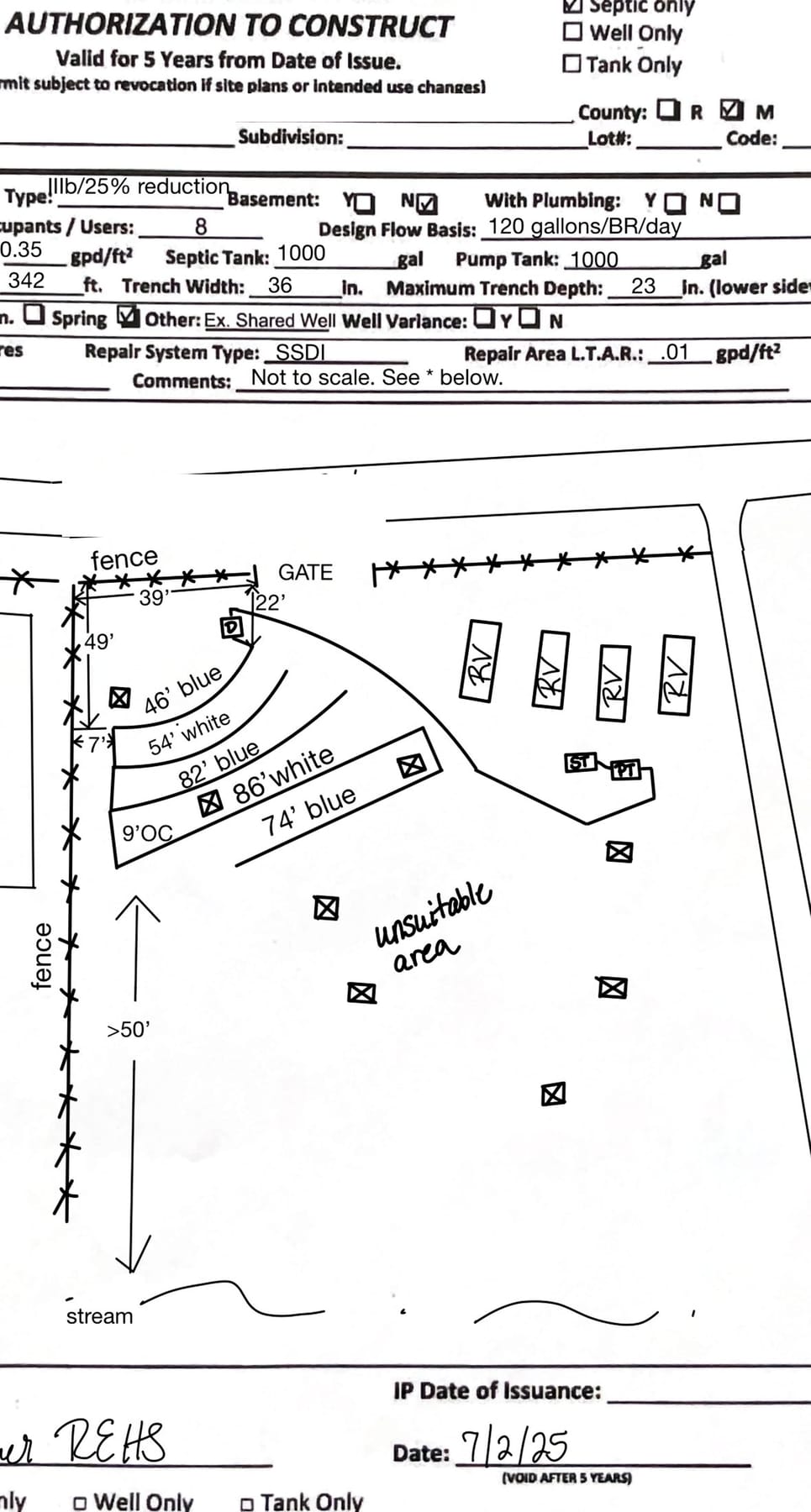 A county Authorization to Construct for a septic repair system Plumb installed, with the trench layout sketched around an unsuitable area. Owner details removed.